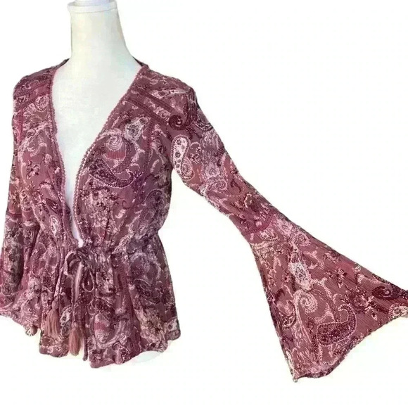 Altar’d State Mauve Purple Paisley Boho Tie-Front Top S - Picture 3 of 10